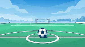Fußball auf einem Elfmeterpunkt mit Tor und Rasenspielfeld