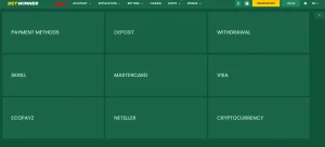 Zahlungsübersicht von BetWinner mit Verfahren für Einzahlungen und Auszahlungen